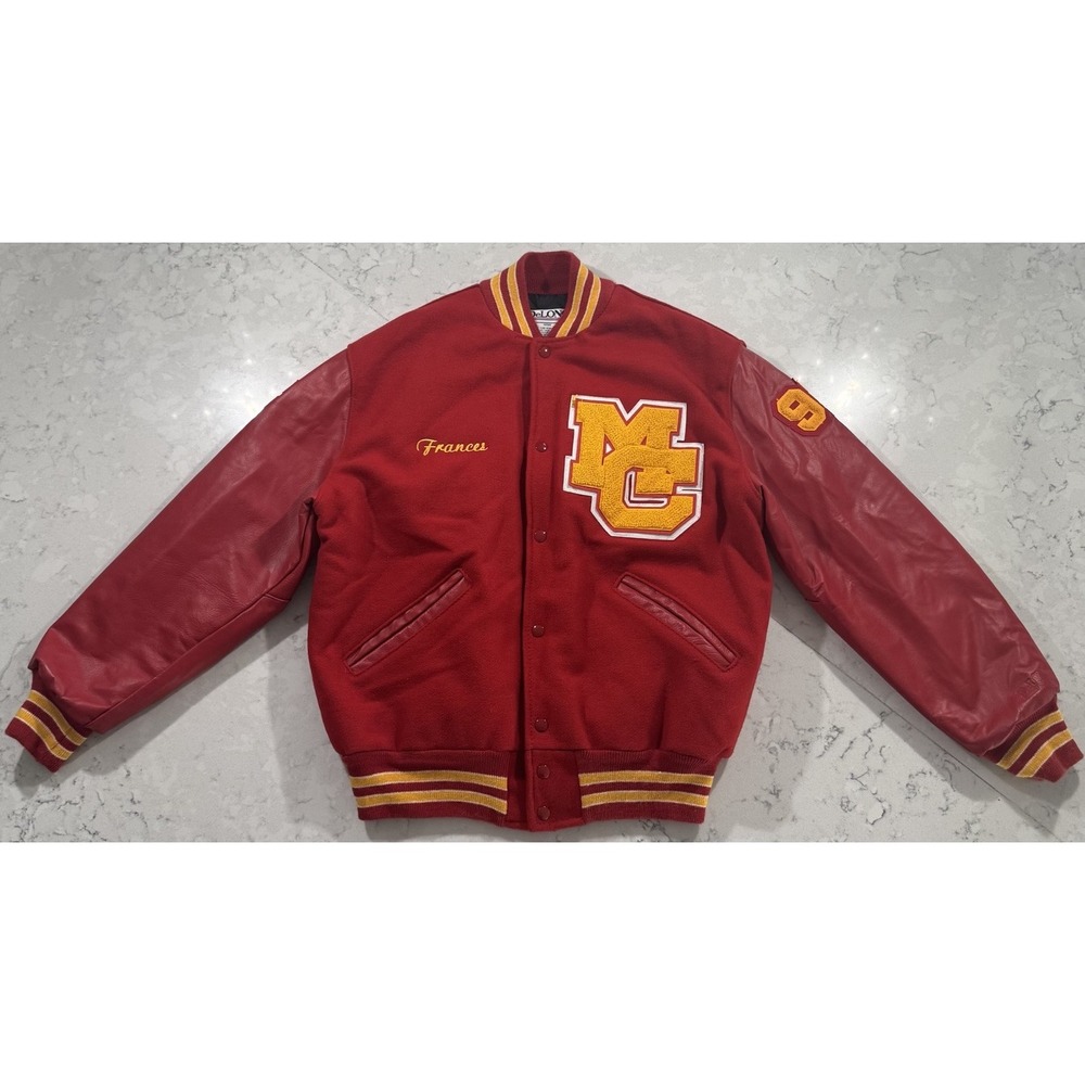 VTG 90s DeLONG Varsity Letterman Bomber Jacket Mens Large Red Wool Leather USA
